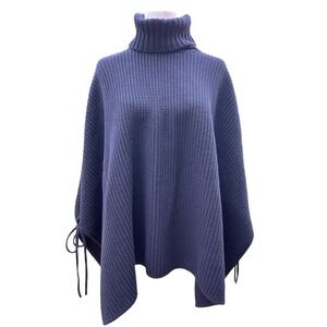 Loft Shawl M/L Dark Navy Blue Chunky Knit Wool Blend Oversized Turtleneck